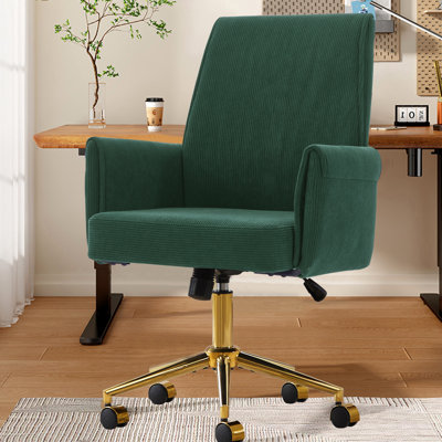 Fauteuil de bureau relevable à dossier mi-haut en velours côtelé rayé, design ergonomique, base dorée et mousse à mémoire de forme, revêtement en velours côtelé, structure métallique confortable