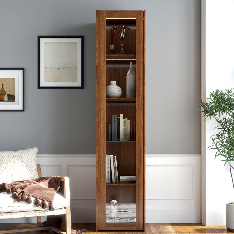 Vitrine à 5 tablettes avec portes en verre et lumières à DEL, convient à la vaisselle, trophées dans la salle à manger, profondeur 15,71 po, hauteur 71,3 po, armoire de rangement en noyer, tablettes, portes, poupées, grand, couleur
