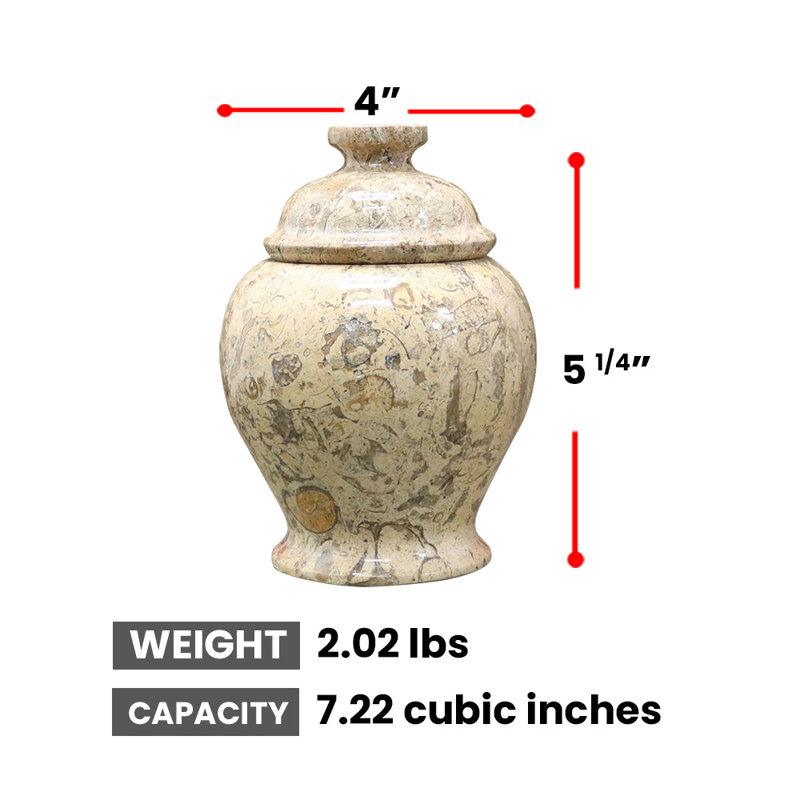 Decorative Marble Cremation Urn, Fossil , 5.25"h X 4"w, Beige