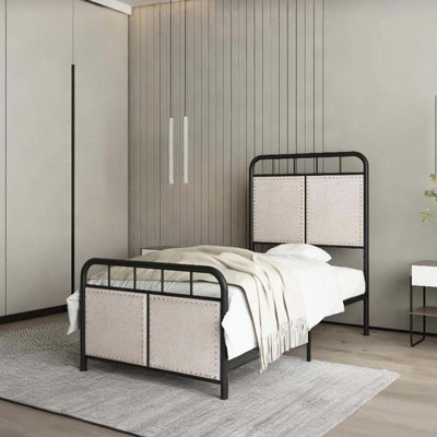Linen Upholstered Platform Metal Bed Frame with fabric Headboard and Footboard