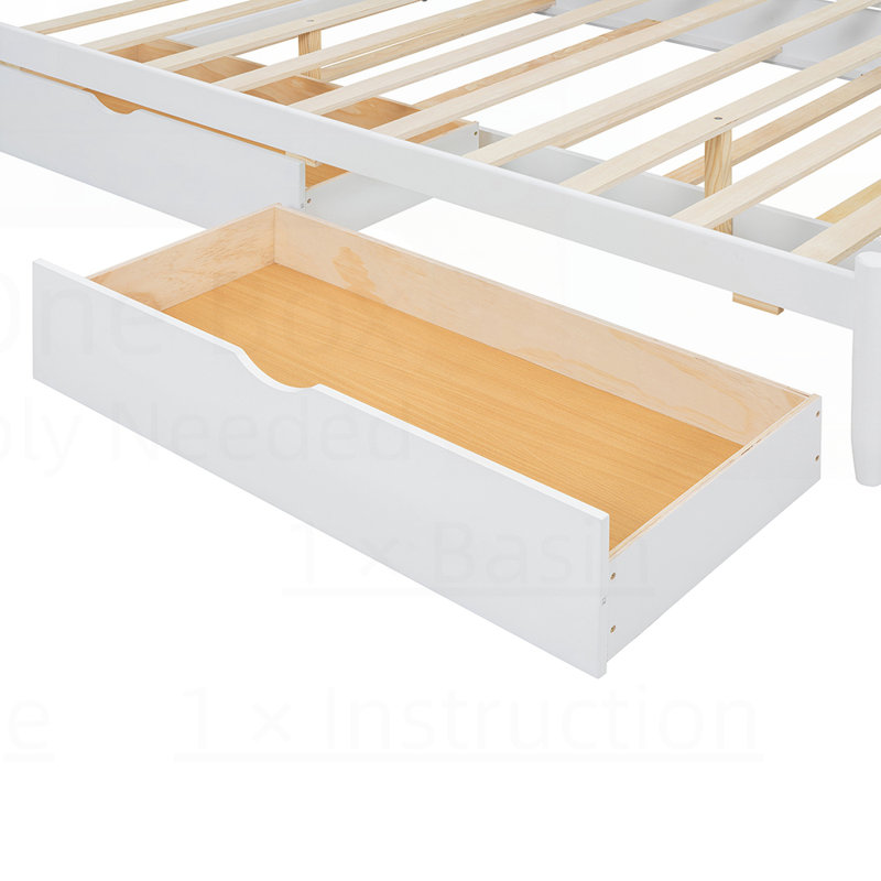 Lit plateforme avec 2 grands tiroirs, lit gigogne et tête de lit courbée élégante, White