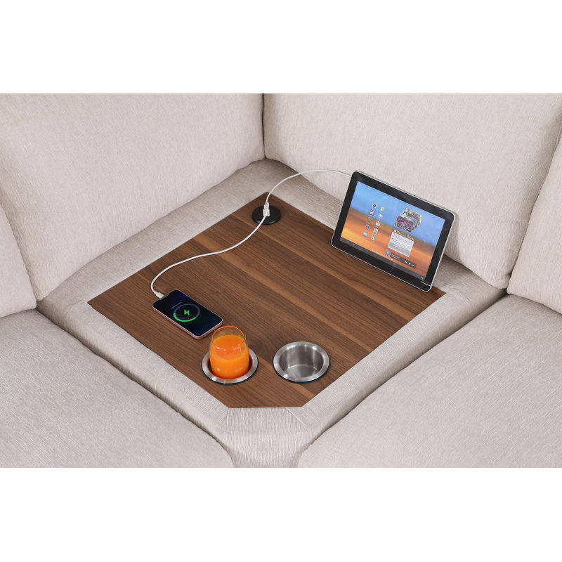 Phalangere Corner Sectional Sofa With Table Cupholder Console And Ottoman, Beige Chenille