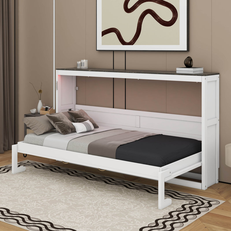 Lit escamotable simple avec DEL, Blanc/brun