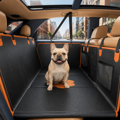 Using upgraded PU leather, this hard-bottom rear dog cover holds 400lbs and works as a waterproof hammock and seat protector with universal fit for SUVs and small trucks.
