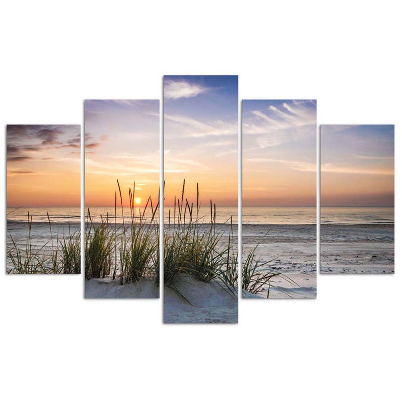 Sea Beach Sunset - 5 Piece No Frame Set on Canvas, 100cm H x 200cm W