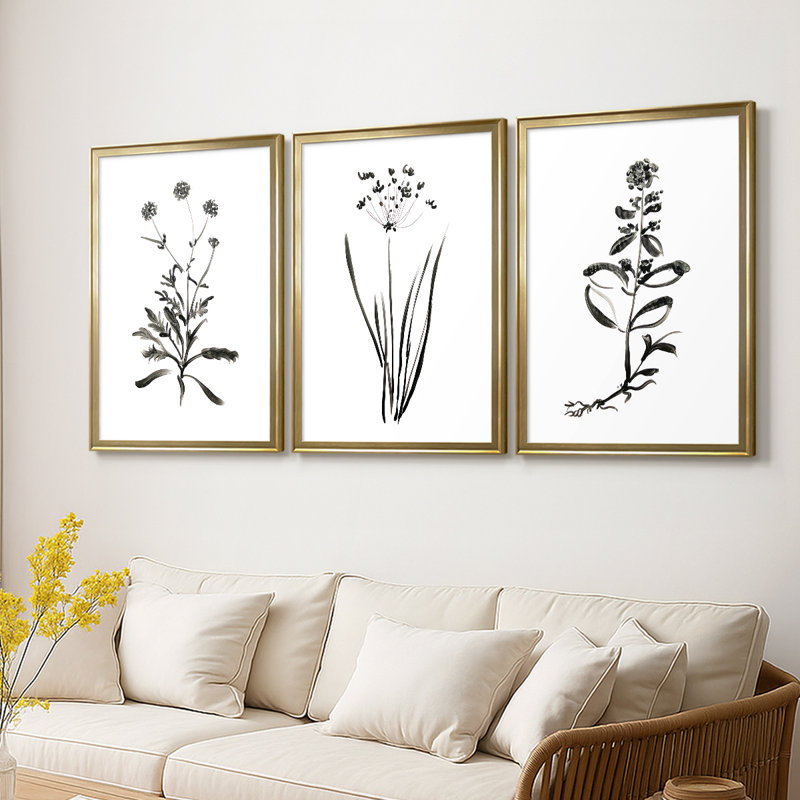 Inky Botanical I - Toile tendue avec châssis sur mesure - 3 pièces, H 21 po x l 30 po, Doré