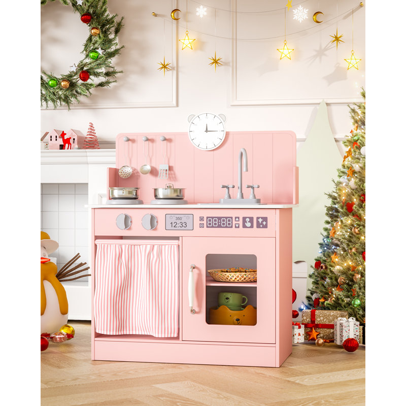 Kids Kitchen Playset With Ample Storage, Interactive Play Kitchen With Simulated Gas Tray, Sink, Faucet, 6 Pcs Cookware, Educational Clock For Toddlers(pink)