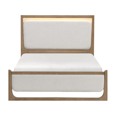 Queen Size Modern Light Brown Upholstered LED Bed - Stunning Design Wooden Bedroom Furniture | LED Lighting, No Box Spring Needed