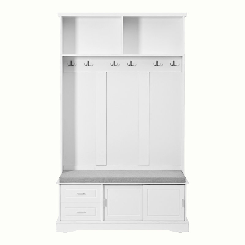 White Wood Hall Tree with Storage Bench and Sliding Doors