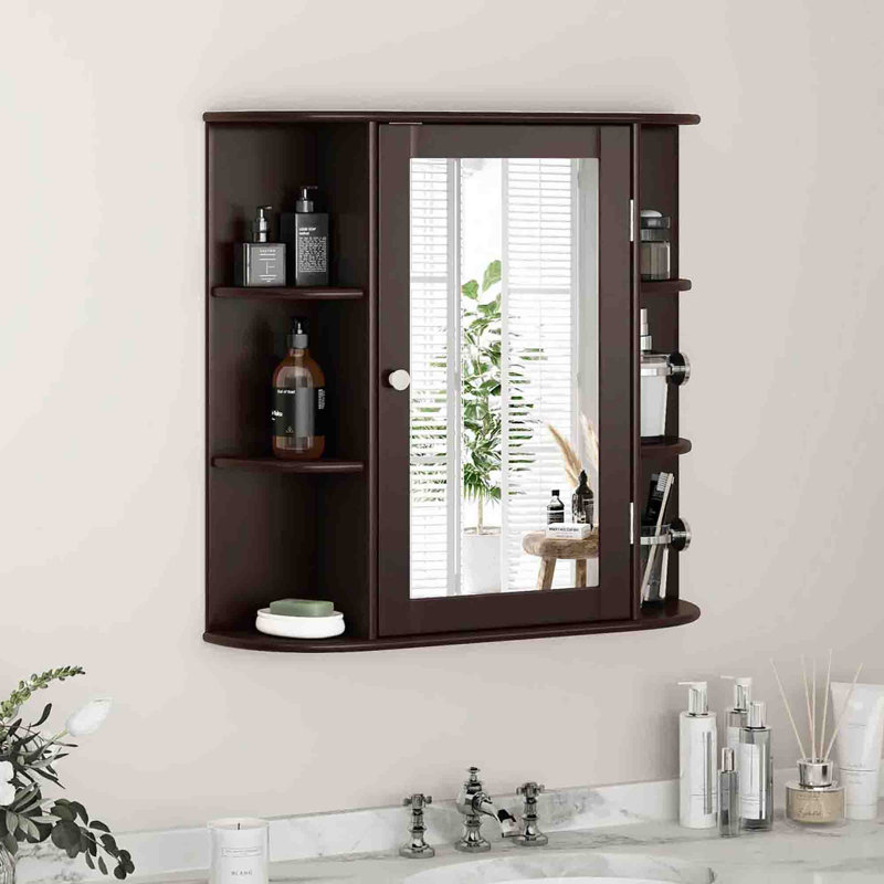 650mm W 640mm H Wall Mounted Required Framed Medicine Cabinet With Mirror And Adjustable Shelf, Brown