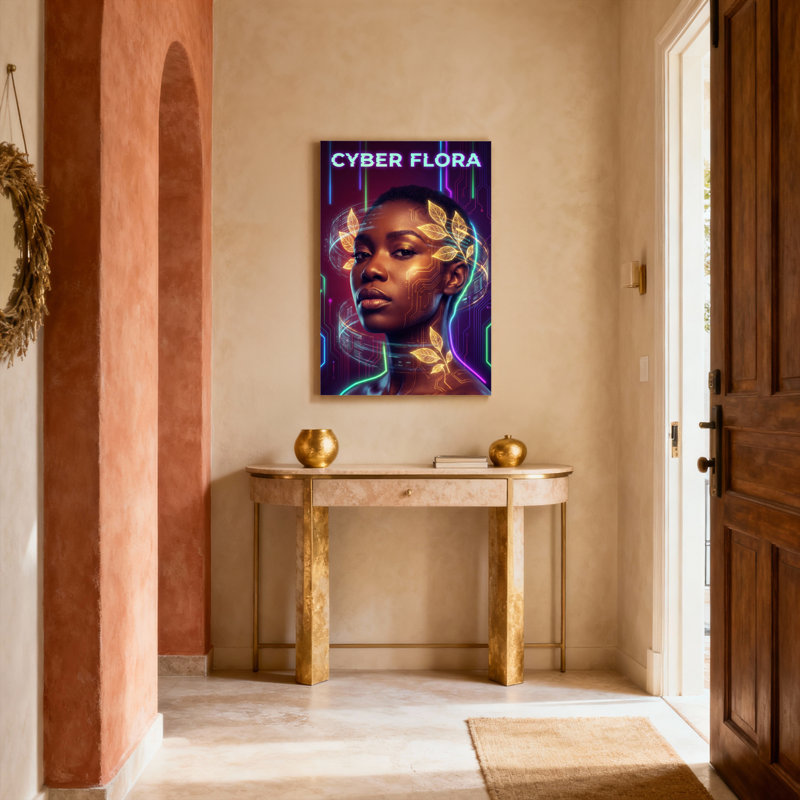Ensemble de 1 tableau mural Cyber ​​​​Flora Neon Circuit Woman sur toile tendue, H 36 po x l 24 po