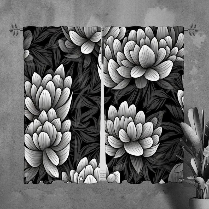 Motif floral de rideaux de fenêtre noirs - 6002, L 40 po x L 82 po