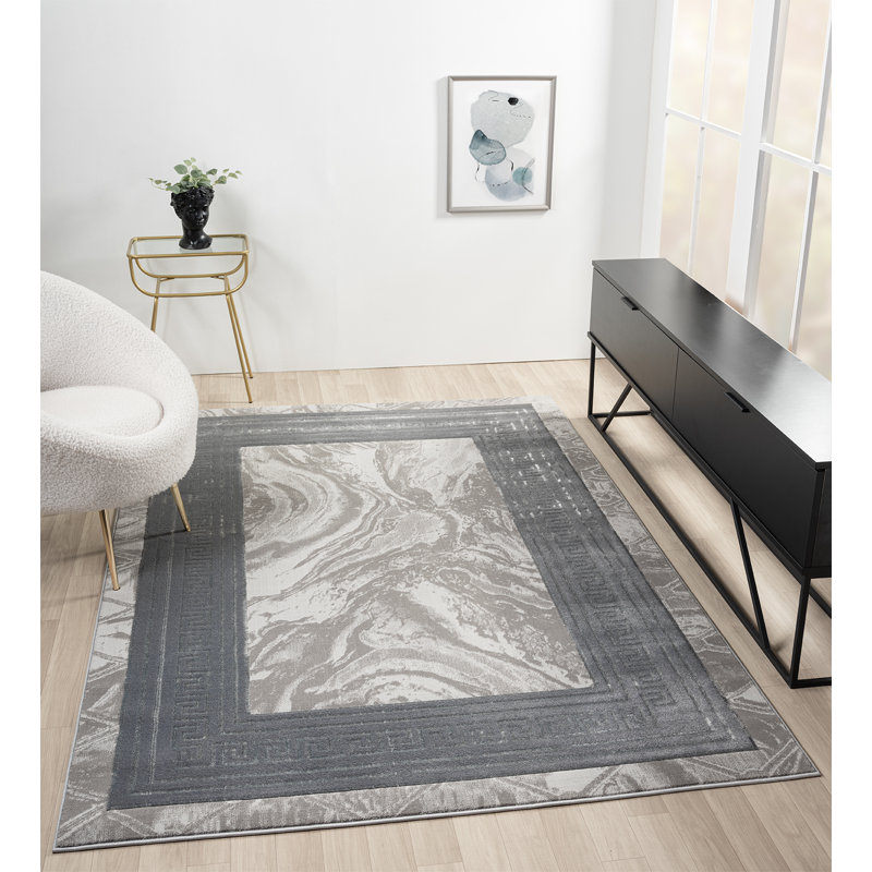 Tapis à bordure abstraite crème / gris Ksamil Collection, Rectangle 5 pi 3 po x 7 pi 3 po