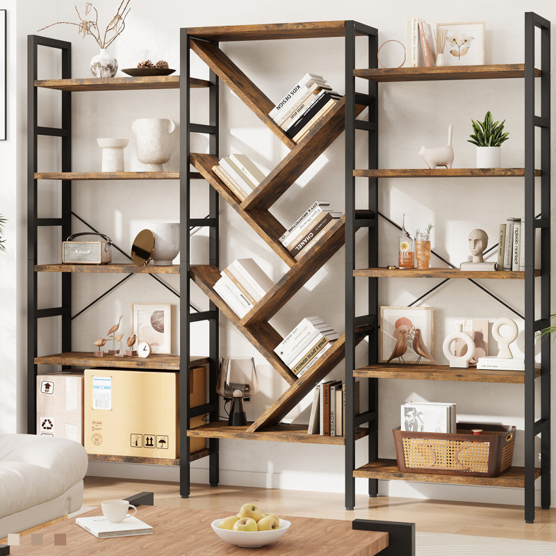 70.9"W x 70"H Etagere Bookcase, 5 Tier Bookshelf with 17 Open Display Shelves Modern Tree Book Shelf, Rustic Brown/Black
