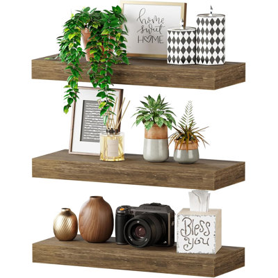 Floating Shelves Set Of 3, American Oak Wall Mounted Wooden Shelves With Invisible Brackets, Space-Saving Wall Shelves For Bedroom, Bathroom, Living Room And Kitchen