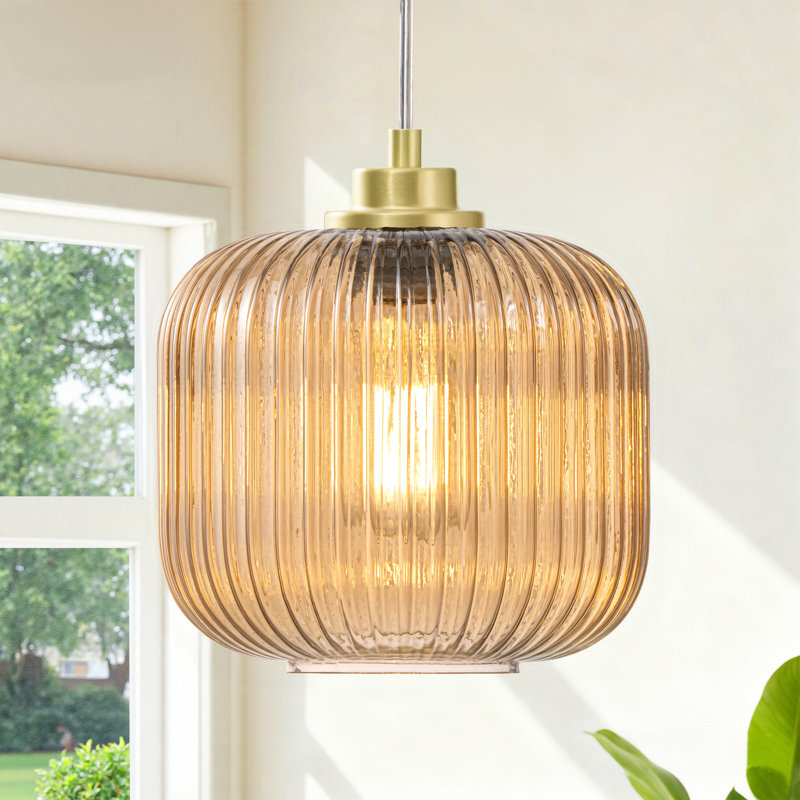 1 - Luminaire suspendu simple avec abat-jour en verre coloré, Cognac
