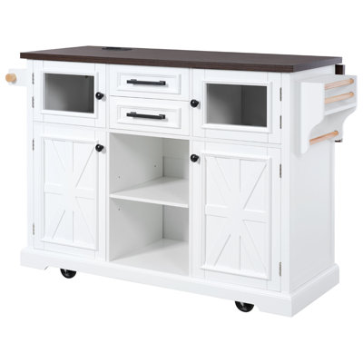54.9" Kitchen Island with Drop Leaf, Power Outlet, Kitchen Storage Cart with 4 Door Shelves, Cross Barn Doors & Visual Glass Door, Rolling Kitchen Island on 4 Wheels for Kitchen, Dining Room,White