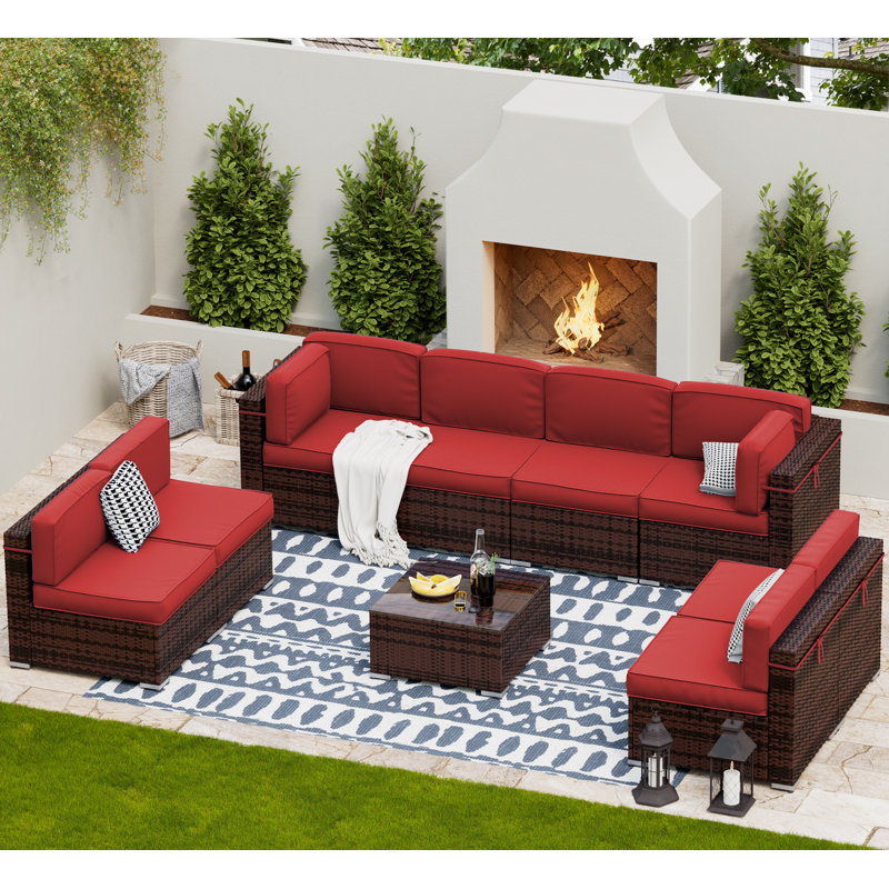 Keolani Wicker 8 - Person Modular Patio Conversation Set with Cushions, Bright Red