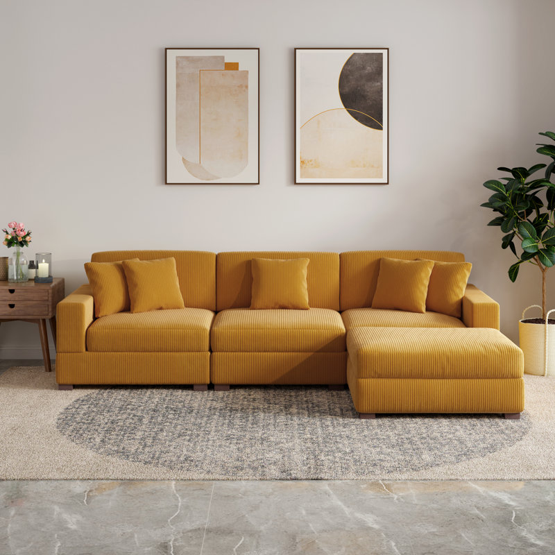 4 - Piece Upholstered Orange Corduroy Modular Sectional Sofa with Pillow Back and Removable Ottoman, Orange Corduroy