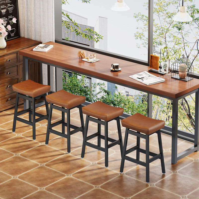 26" Solid Wood Bar Stools Set of 4 with Faux Leather Upholstery and Brown Saddle Seat, 4, Brown