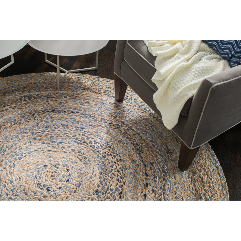 Tapis bleu / brun clair tissé à la main à motif géométrique rond, Rond 4 pi