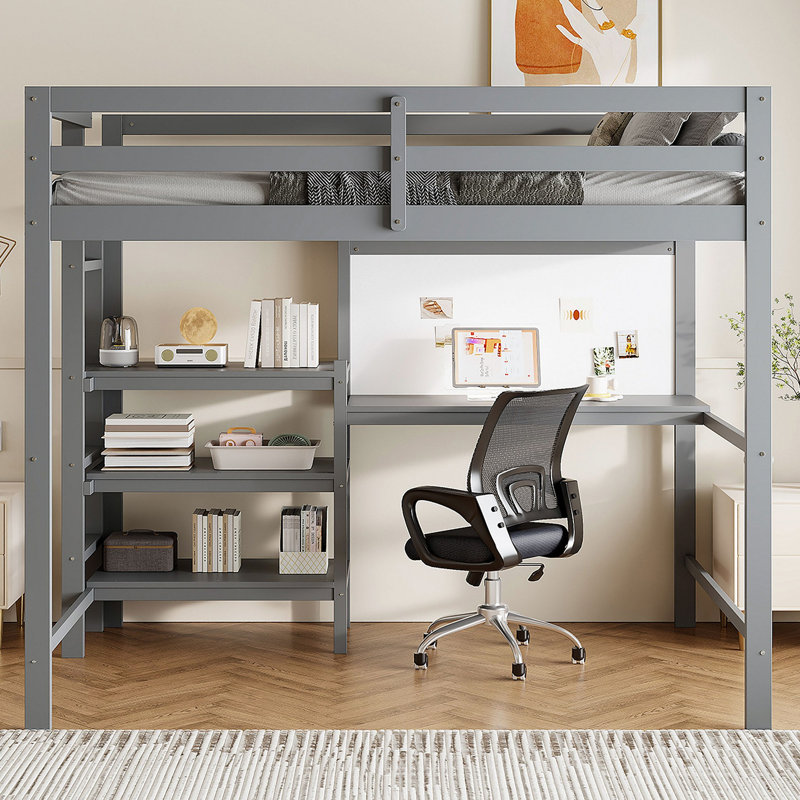 Lit mezzanine en bois avec tablettes, bureau et tableau d'écriture, Gris