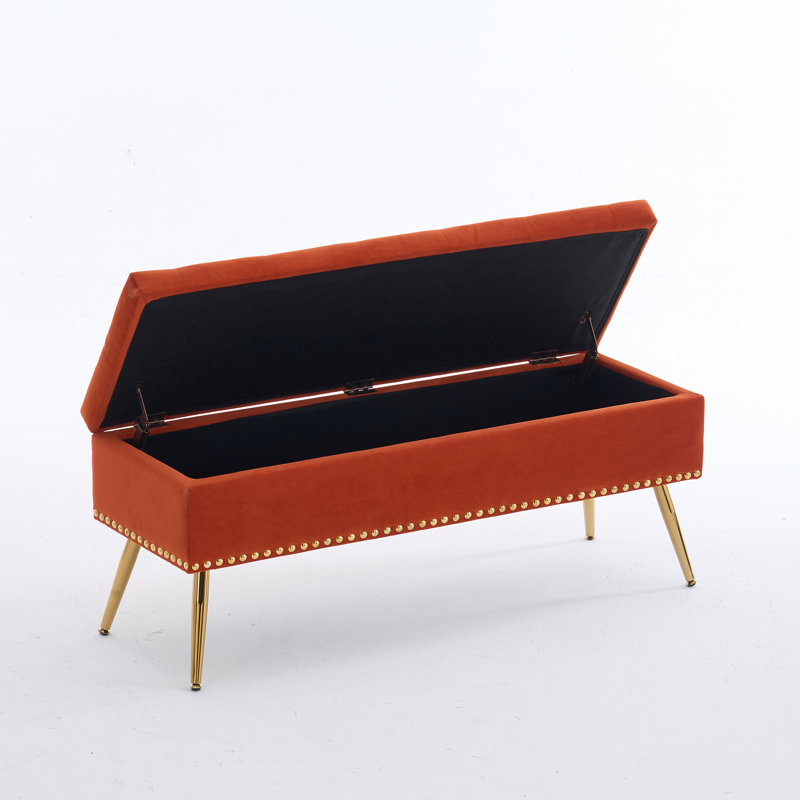 Banc repose-pieds en velours avec rangement, Orange, H 18 po x l 46 po x P 15,5 po