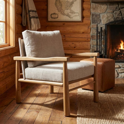 Fauteuil lounge de 30 po en tissu gris et brun clair et bois massif