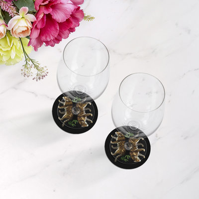 Sous-verres ronds en cuir vegan noir Leopard