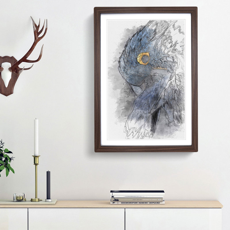 A Blue Parrot in Abstract - Picture Frame Graphic Art Print, 65cm H x 48cm W x 2cm D, Walnut Framed