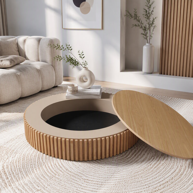 Table basse ronde avec rangement caché, 55 lb, Bois naturel