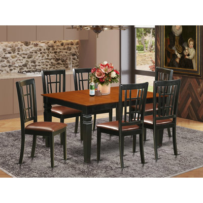 Table de salle à manger 7 pièces à plateau en bois massif avec 6 chaises et dossier en treillis