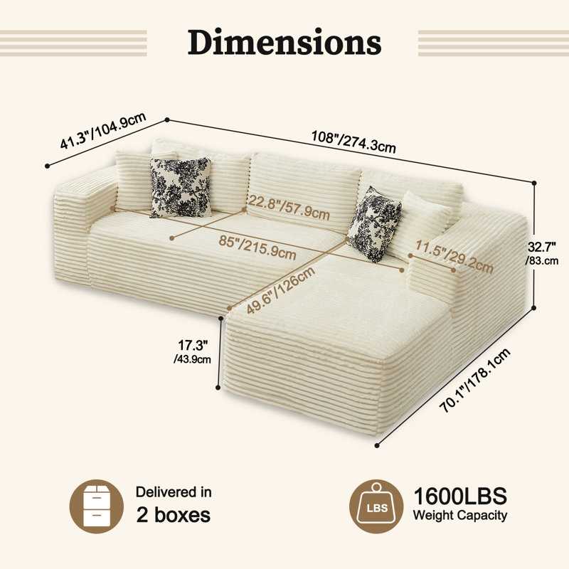 Modular 3-Seat Sectional Sofa With Chaise, Deep Seat Faux Fur Couch, No-Assembly Plush Lounge Sofa With Wide Armrests And 4 Decorative Pillows For Living Room Or Apartment
