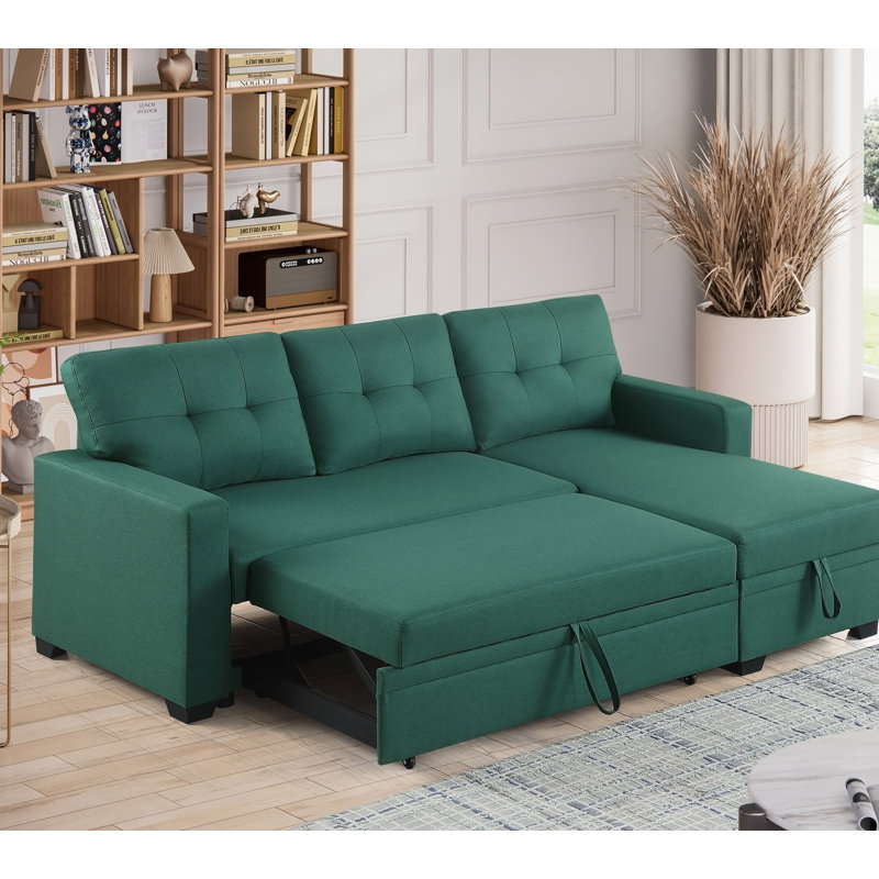 Canapé modulaire convertible rembourré avec méridienne coulissante, Lin vert, Orienté vers la gauche