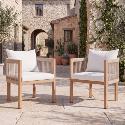 Woven Rope Patio Dining Armchairs Set of 2, Wood-Look Heat Transfer Iron Framed Outdoor Dining Chairs with Removable Cushion for Deck Porch Backyard