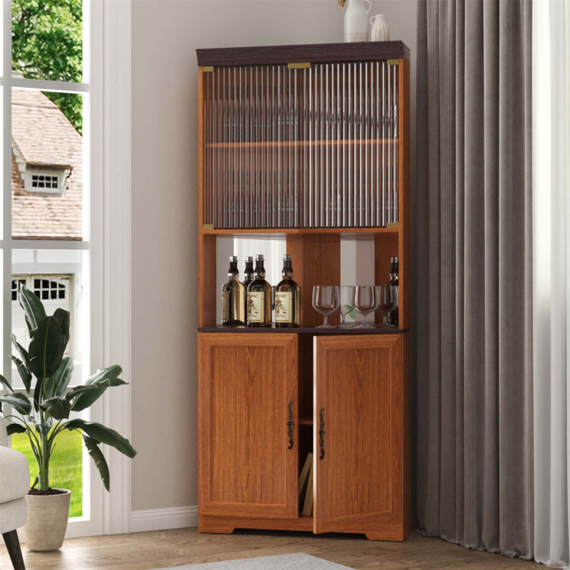 Grande armoire à vin de coin autoportante de 70,86 po (180 cm) - Vitrine moderne à 5 niveaux avec portes en verre trempé et dossier en miroir - Tablettes réglables pour le salon et la cuisine