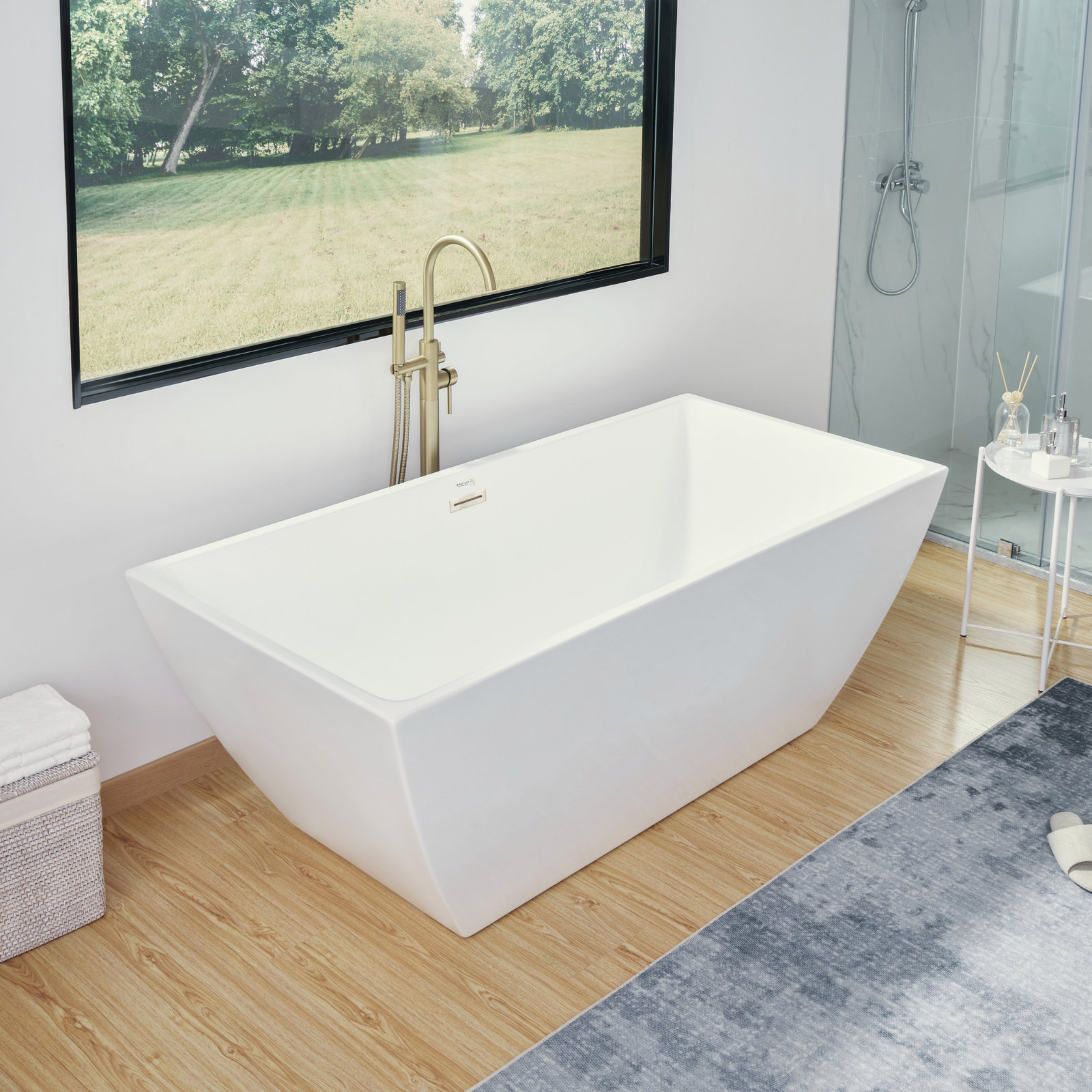 Lydia 59" Freestanding Soaking Bathtub, White/Brushed Nickel