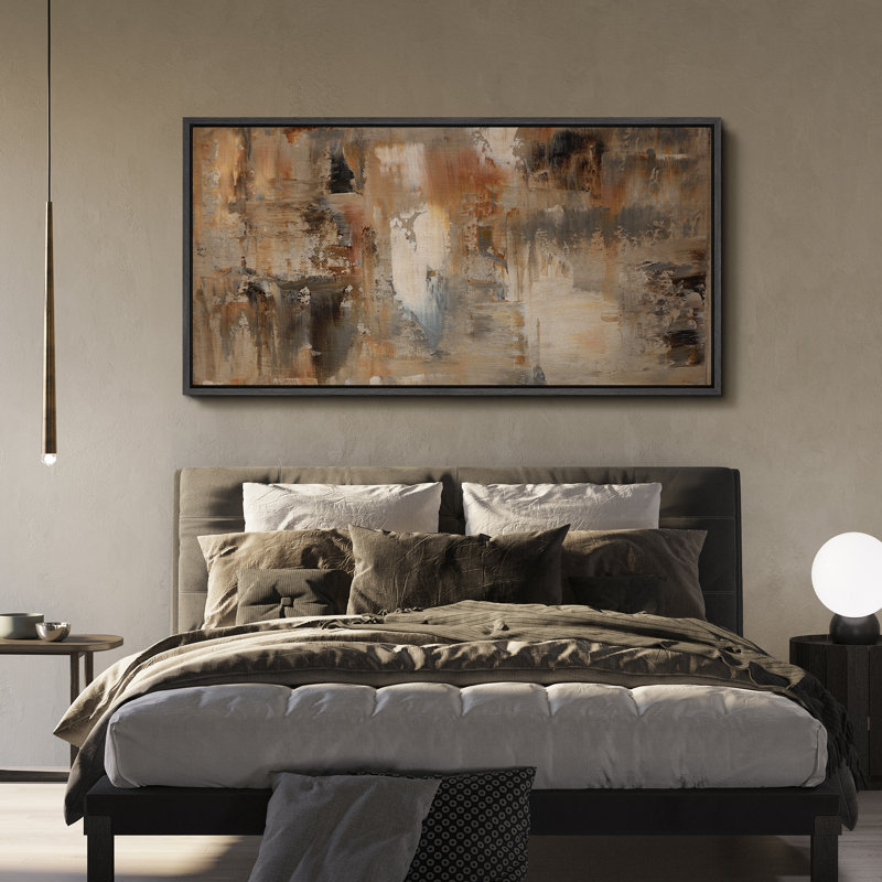 Abstrait, nuances neutres et neutres, impression sur toile encadrée, Cadre flottant noir, H 30 po x l 60 po x P 1,5 po
