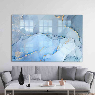 Shimmering Blue And Gold Alcohol Ink Art Printed On Tempered Glass For Stunning Wall Decor