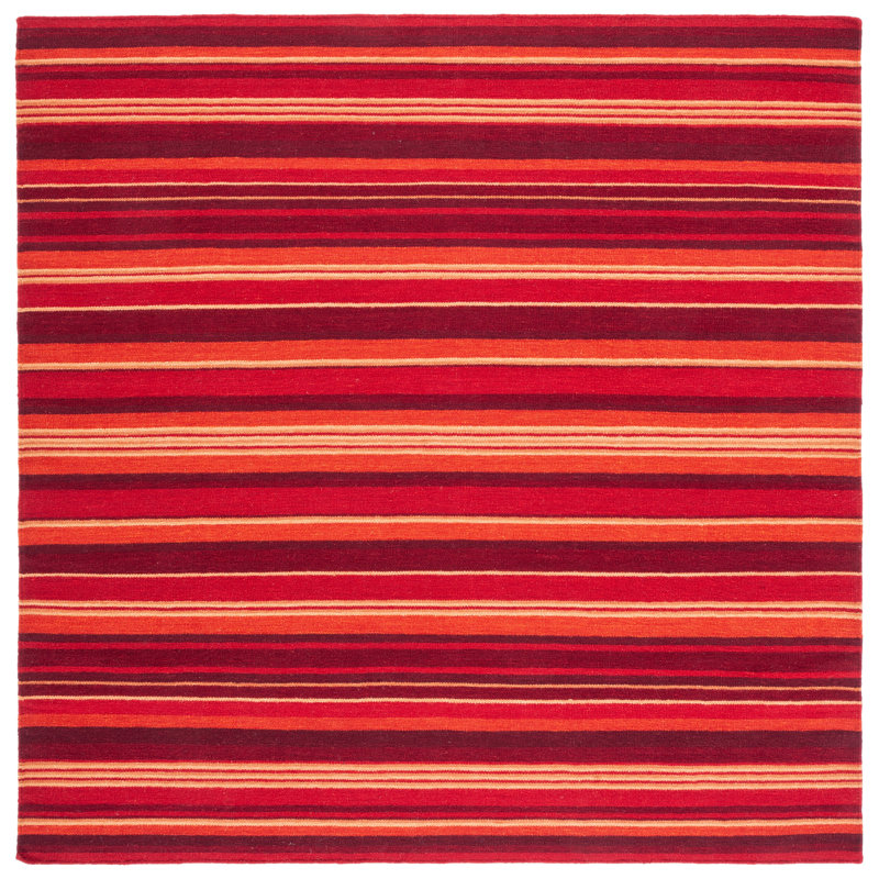 Tapis rayé rouge en laine et coton tissé à la main Kalaiya, Carré 7 pi