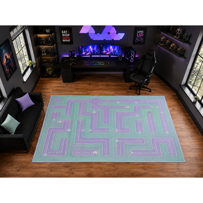 Tapis d'arcade labyrinthe pastel « ultra léger » de 201 x 300 cm (6'7" x 9'10"), idéal pour décorer une salle de jeux. Tapis d'intérieur doux à poils courts avec envers antidérapant en silicone, vert menthe et violet.