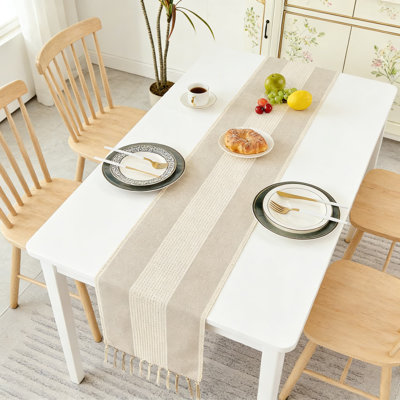 Farmhouse Macrame Table Runner For Dining Table Decor, Handmade Linen Table Runner With Fringe, Rustic Wedding And Party Table Decor