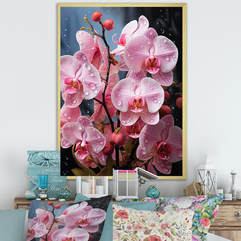 Orchidées roses, orchidées roses, fusion néon II sur toile, Cadre doré simple, H 40 po x l 30 po x P 1,5 po