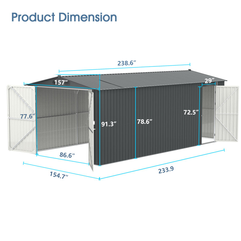 Remise de rangement extérieure 20 X 13 pi, abri de jardin en métal, maison utilitaire pour la cour avec 2 portes et 4 évents pour voiture, camion, vélo, poubelle, outil, tondeuse à gazon