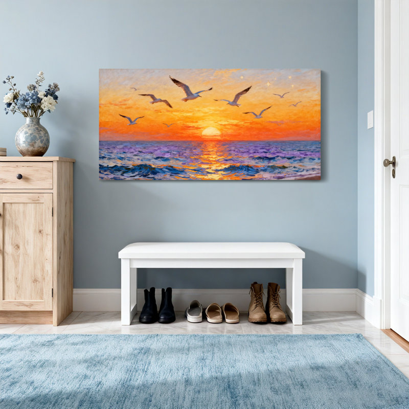Paysage et nature, coucher de soleil, vagues océan, mouettes, reflet du ciel, toile, H 16 po x l 32 po