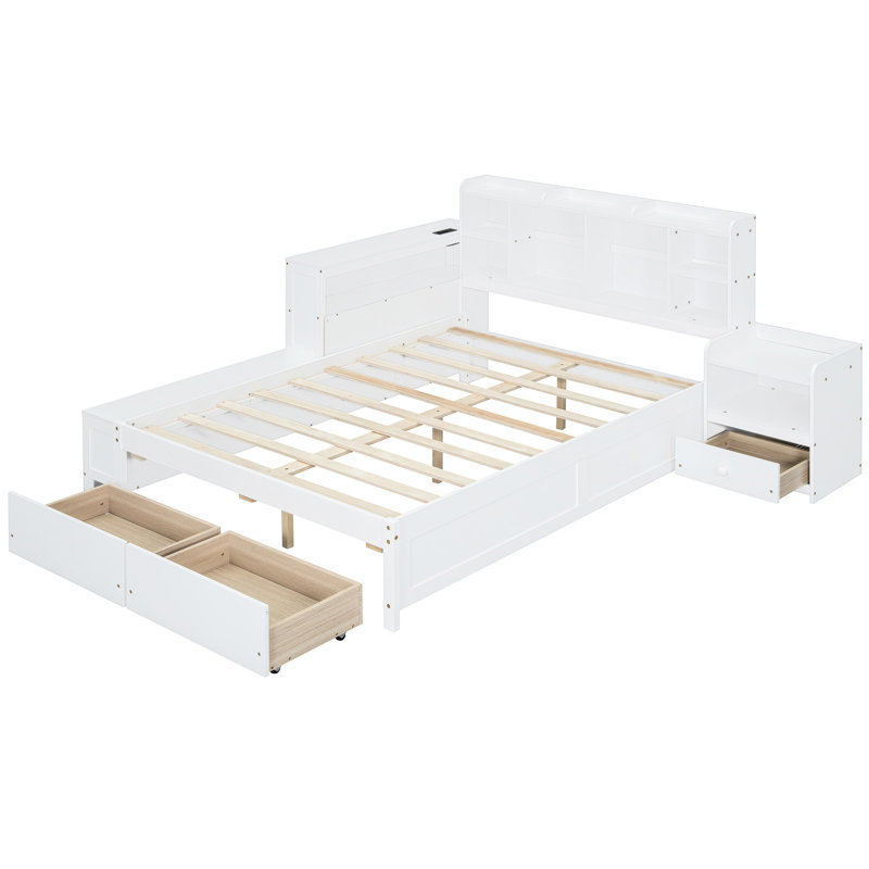 Lit double blanc avec rangement robuste et pratique - rangement pour tête de lit, abris de bureau, table de chevet, lit à 2 tiroirs, mise à niveau de la chambre à coucher, plateforme en bois avec tête de lit à solutions polyvalentes, confortable