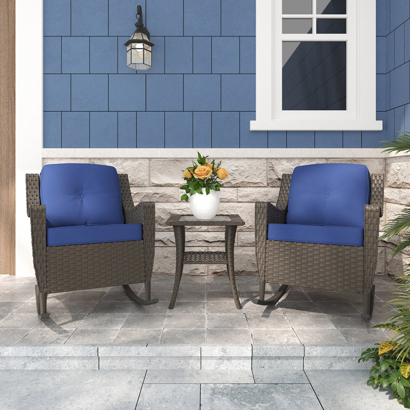 3-Piece PE Wicker Patio Rocker Set - 2 Rocking Chairs & Side Table - All-Weather, UV-Resistant with 4'' Thick Removable Cushions - Perfect for Porch, Deck & Backyard