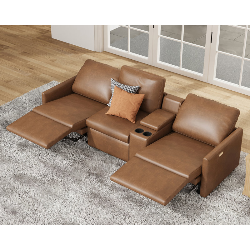 Latitude Run® Power Recliner, Leather 3 Seater Recliner Couch with Cup Holder& Charging Socket