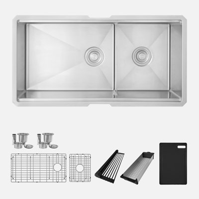 36 in. x 19 in. 16 Gauge, Stainless Steel, Brushed 60/40 Double Bowl Undermount Kitchen Sink with Build-in Accessories