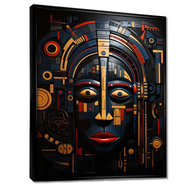 Indigène tribal masque jaune bleu - masque africain, Toile avec cadre flottant noir, H 20 po x l 12 po x P 1 po